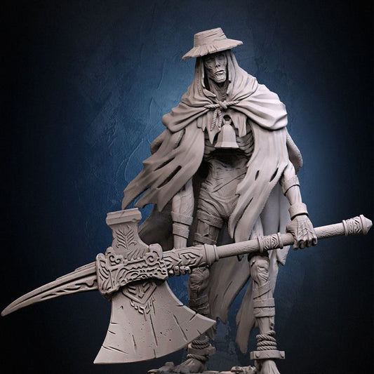 Giant Keeper miniature posed with both hands gripping a massive ornate axe, draped in tattered robes and standing atop a dungeon tile base. Ideal for horror TTRPGs.