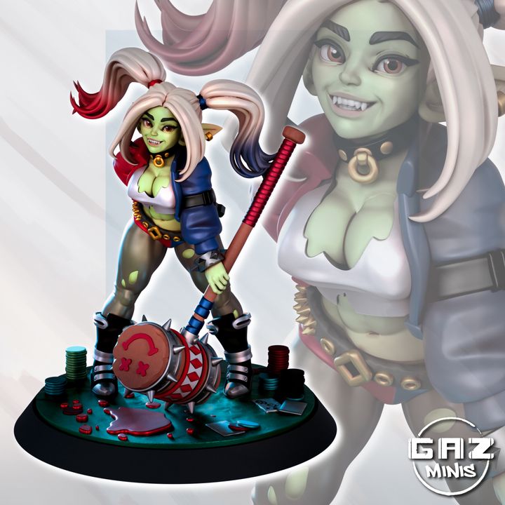 Gobbo Quinn, a goblin with twin ponytails, holding a large mallet, standing on a base with scattered items, painted model.