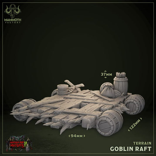 Goblin Raft terrain piece with barrels, bags, and wooden construction, designed for tabletop RPGs like D&D and Pathfinder.