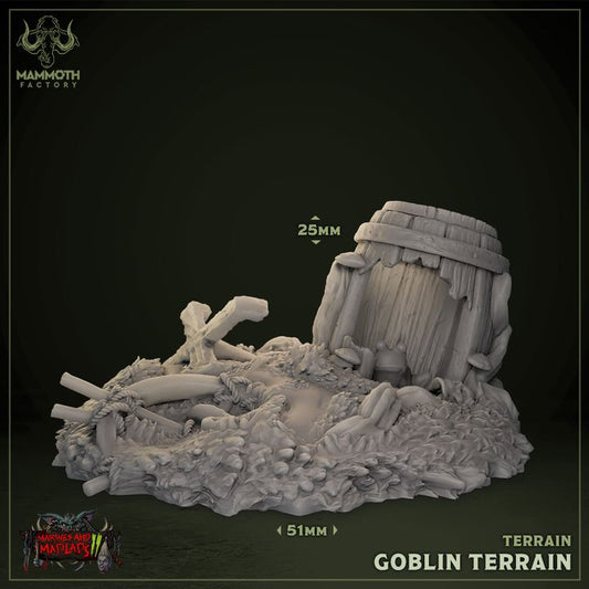 Goblin Terrain piece with a barrel, wooden debris, and various goblin-crafted elements for tabletop RPGs like D&D and Pathfinder.