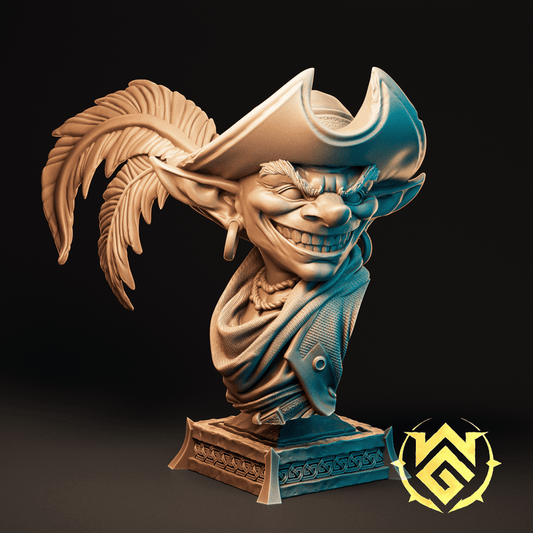 Goblin pirate bust with tricorn hat, feather, and mischievous grin on ornate pedestal
