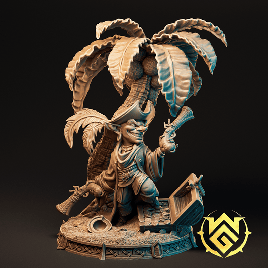 Full-figure goblin pirate miniature with feathered tricorn hat, dual pistols, tropical base with palm tree and treasure chest