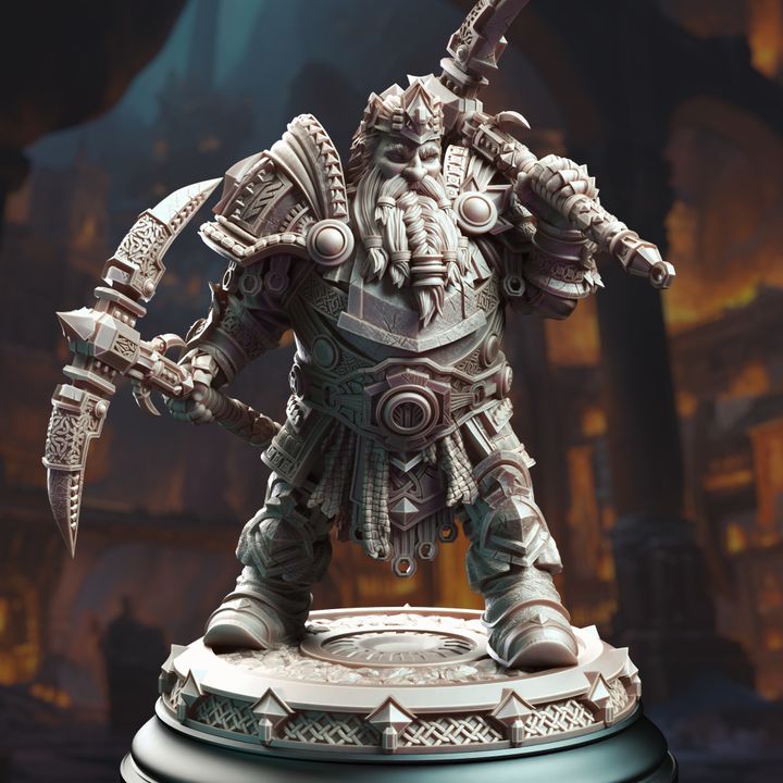 Gordrain Stonehand, a male Dwarven General, in full armor, wielding a large, double-headed war axe. His armor is adorned with intricate details and symbols, and he stands ready for battle in a dwarven stronghold setting.