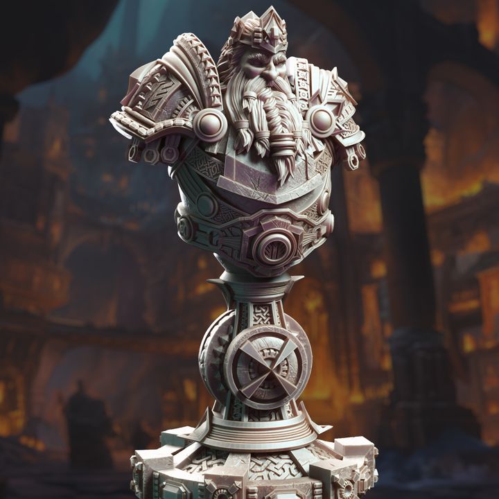 Gordrain Stonehand, a male Dwarven General, depicted as a bust with a detailed beard and ornate armor featuring intricate patterns, gears, and pauldrons with circular emblems, set against a background of a dwarven stronghold.