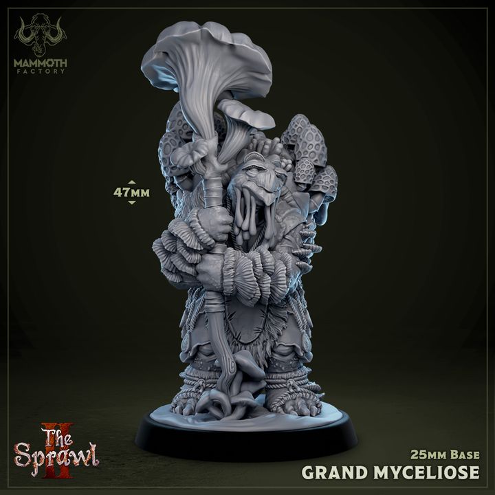 A Grand Myceliose miniature with a mushroom-topped staff, thick vines, and mushroom growths, representing a fungal elder, perfect for dark forest-themed TTRPG encounters.