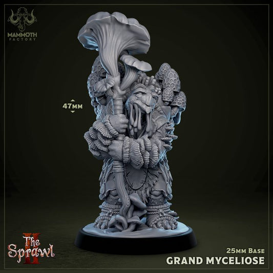 A Grand Myceliose miniature with a mushroom-topped staff, thick vines, and mushroom growths, representing a fungal elder, perfect for dark forest-themed TTRPG encounters.