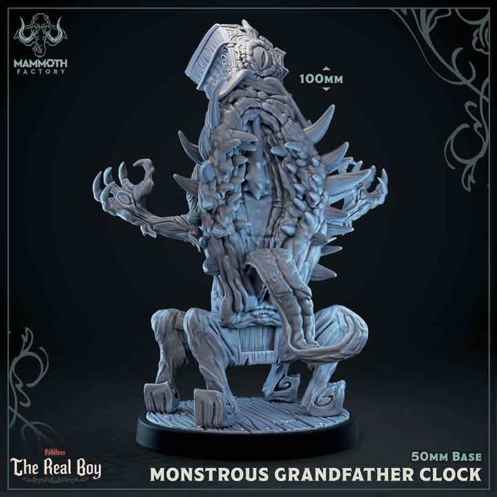 A colossal monstrous Grandfather Clock mimic, fully evolved with spikes, fangs, and claws, ready to dominate any TTRPG setting.