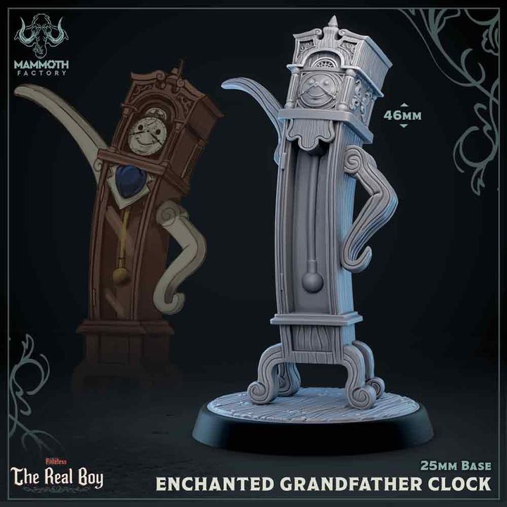 A whimsical enchanted Grandfather Clock miniature with animated arms and a playful expression.