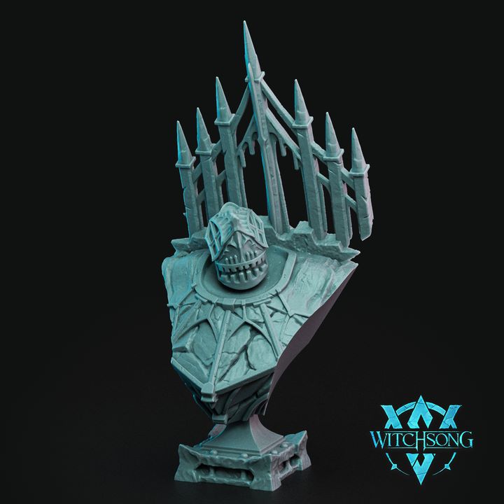 A highly detailed bust of The Greatguard, a sentient gate-like figure with a skeletal face. The design features gothic architectural elements, with pointed spires and intricate stonework. The character’s armored form merges with the structure of a menacing, medieval gate.