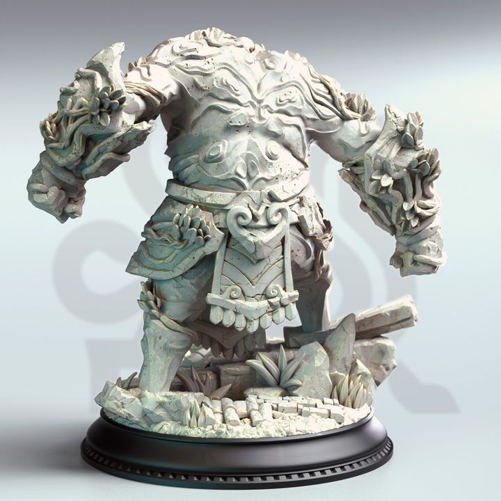 Back view of Gyokusho, the Jade Golem, highlighting intricate jade engravings and powerful stone limbs, poised for action.