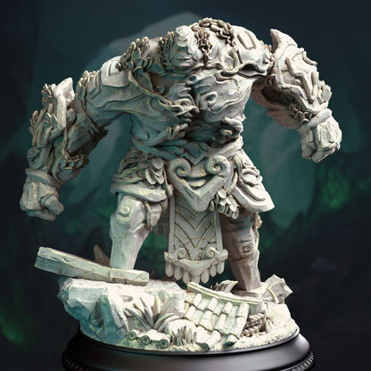 Front view of Gyokusho, the Jade Golem, showcasing detailed carvings on jade-like armor and a robust stance over a broken temple base.