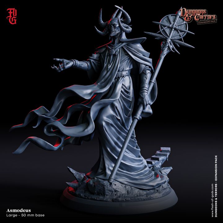 Asmodeus standing miniature holding a staff with arcane symbols and flowing robes.