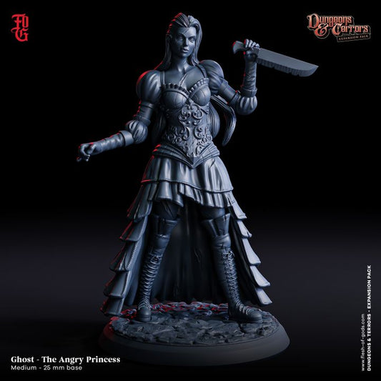 Ghost - The Angry Princess miniature holding a large knife, wearing a detailed gown and armor.