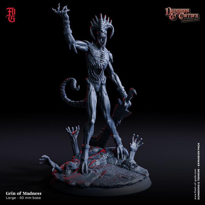 Grin of Madness miniature with a horned, skeletal frame standing atop a pile of bodies.