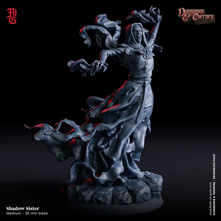 A demonic nun-inspired figure with flowing tattered robes and an eerie skeletal face, raising her hands in a threatening gesture, standing on a rocky base.