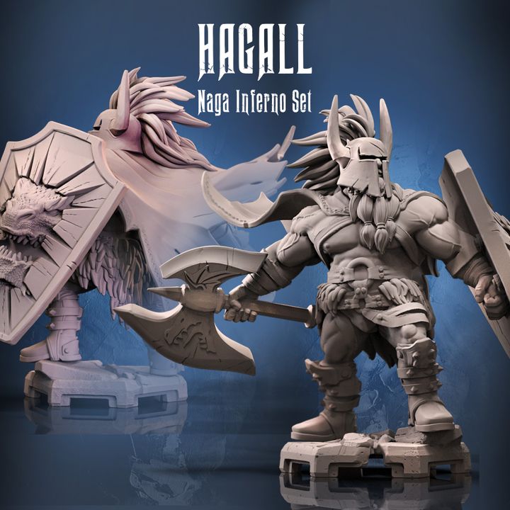 Hagall, a stout warrior holding a massive axe, wearing a horned helmet and carrying a shield decorated with a dragon head. Stands in a combat-ready pose, perfect for fantasy TTRPG settings.