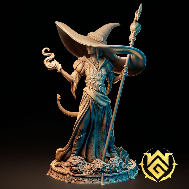 Female human wizard figurine with an oversized brimmed hat, holding a staff and conjuring a serpent, posed in flowing robes on rocky terrain, perfect for Dungeons & Dragons or Pathfinder.