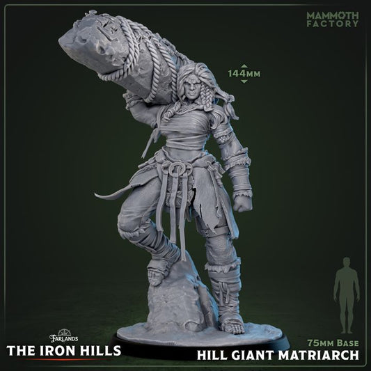 Hill Giant Matriarch miniature female hill giant carrying massive stone over shoulder, tribal giant warrior standing on rocky base