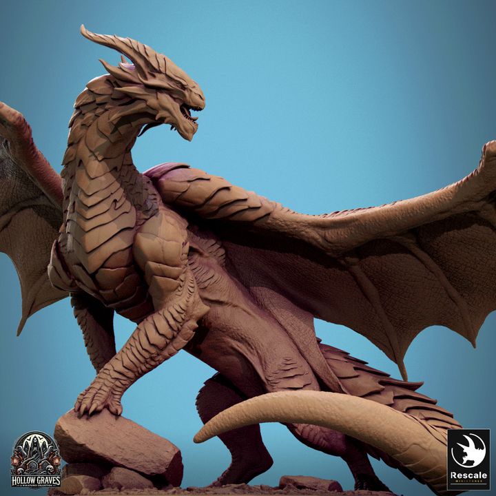 A side profile of the Legendary Metallic Copper Dragon with wings spread wide and tail coiled. The dragon stands on a rocky terrain, showcasing its powerful stance and detailed scales.