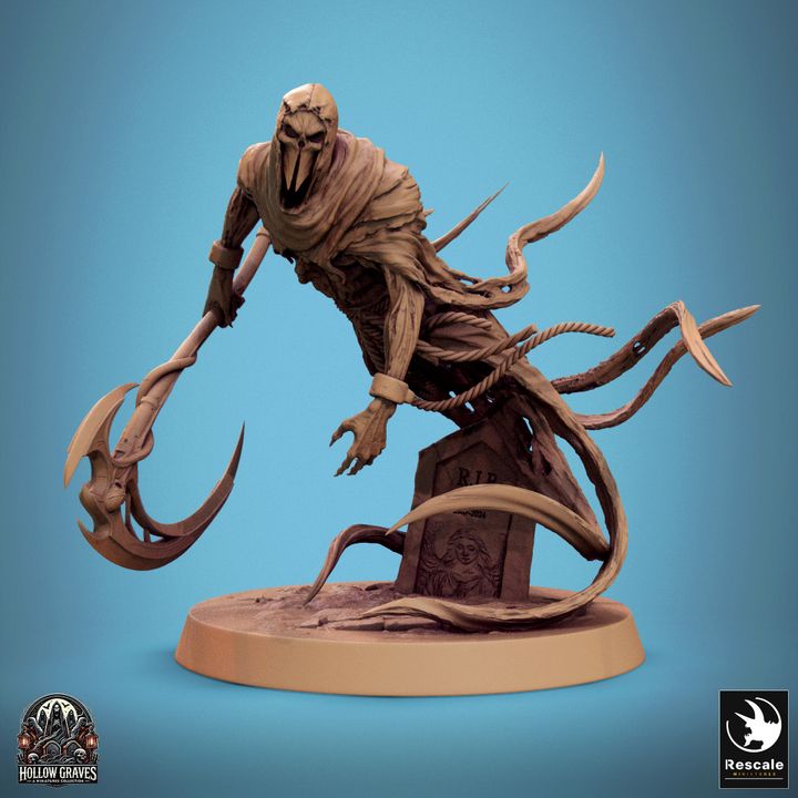 The Masked Ghost swiftly turning with scythe in hand, ready for a counterattack, great for fantasy RPG settings like Pathfinder or Warhammer.