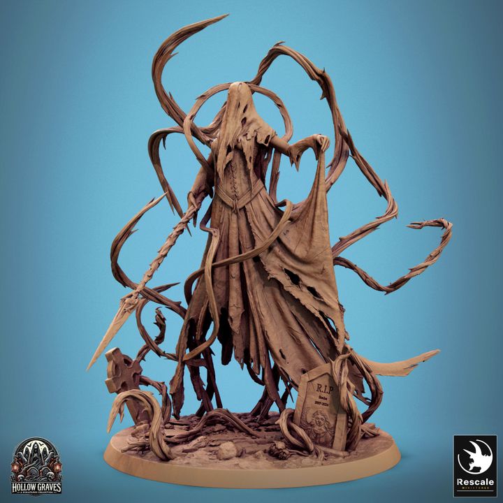 A Vengeful Banshee miniature is shown in a haunting stance with tattered robes flowing as tendrils swirl around her, standing over a gravestone marked with "R.I.P."