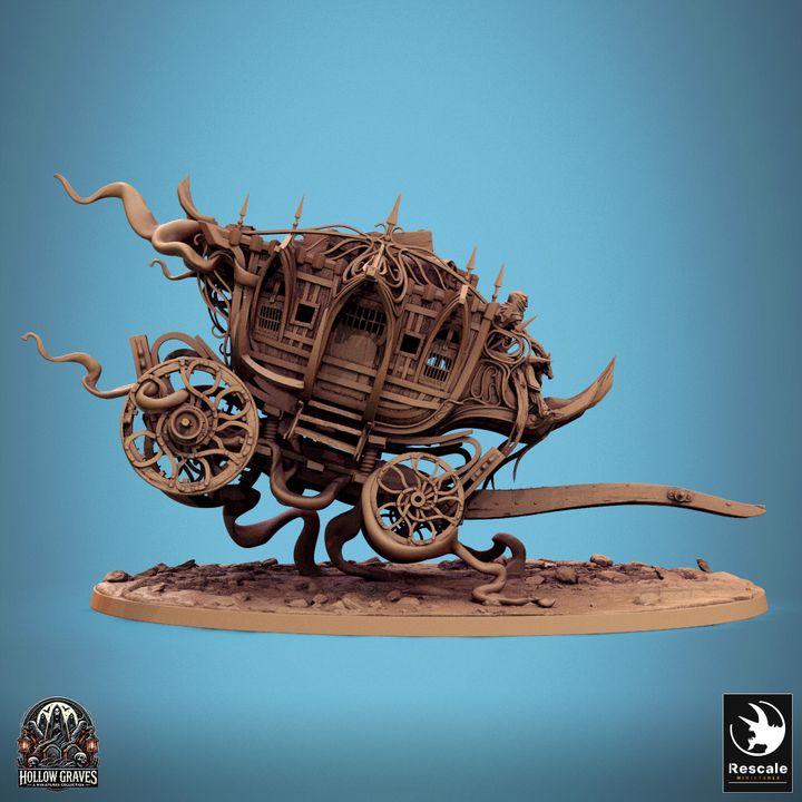 Side view of the Phantom Coach, a haunted carriage with twisted vines and eerie figures, ideal for Dungeons & Dragons or Pathfinder campaigns.