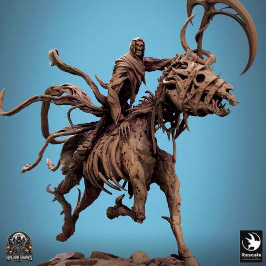 Wraithbound Cavalier in attack stance, wielding a scythe while riding a skeletal steed.