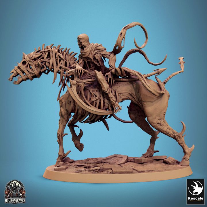 Wraithbound Cavalier in a calm stance, holding a scythe while seated on a skeletal horse.