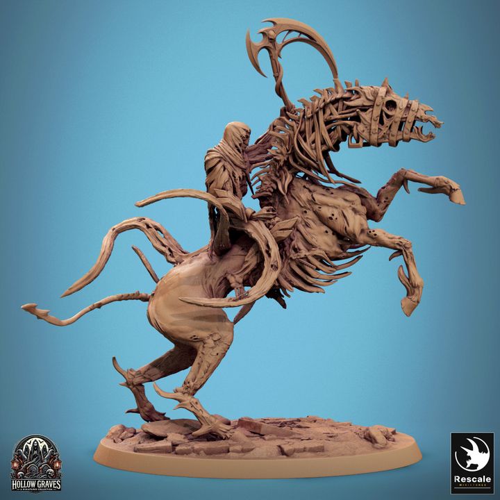 Wraithbound Cavalier on a rearing skeletal steed, scythe raised high in the air.