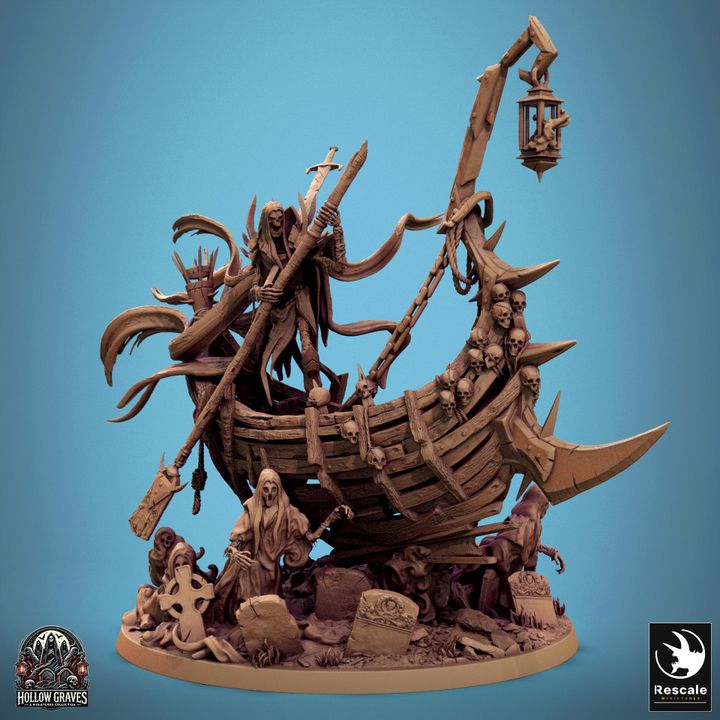 Front view of Zaltryn the Waverender, showing the skeletal adornments and haunting boat design. Great for dark fantasy TTRPGs like Dungeons and Dragons or Pathfinder.