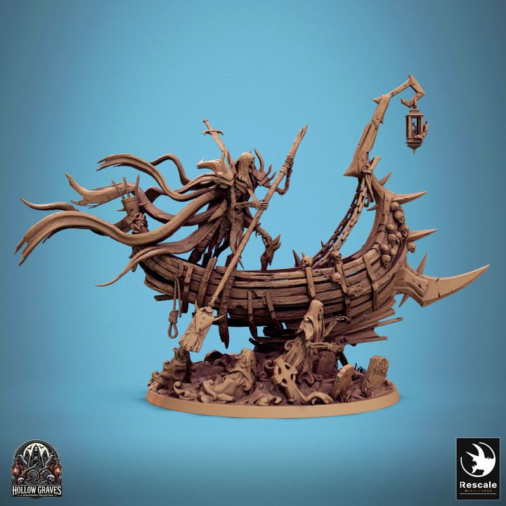 Side view of Zaltryn the Waverender, depicted guiding a ghostly boat with flowing robes and eerie skeletal figures, inspired by Charon. Ideal for Dungeons and Dragons campaigns featuring undead or otherworldly themes.