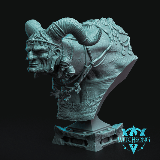 Bust Image – Horned Witch bust figurine with snarling face, adorned horns, rope and bead decorations, dark fantasy bust for Warhammer, Pathfinder, and DnD settings.