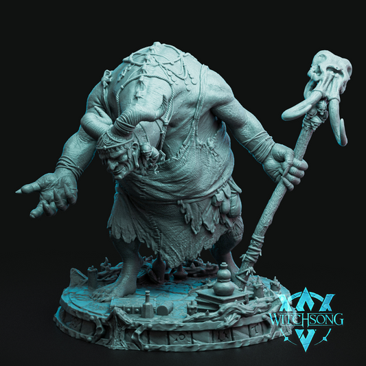 Full Figure Image – Horned Witch miniature with twisted horns, tattered robes, skull-topped staff, and ritual base, dark fantasy figure for Dungeons & Dragons, Pathfinder, and tabletop RPGs.