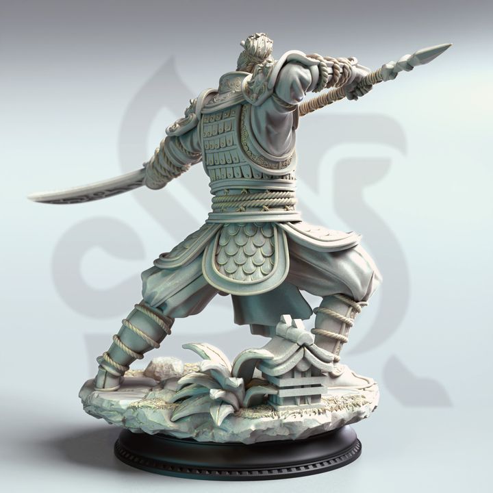 Eastern commander fighter Hu Shen seen from behind, showcasing detailed scaled armor and an elegantly designed curved blade, ready for action. Ideal for fantasy TTRPG adventures.