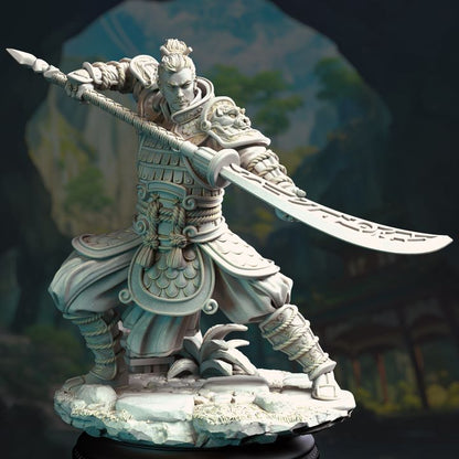 Eastern commander fighter Hu Shen poised for battle, gripping a grand curved blade with ornate designs, standing in an intricate battlefield setting.