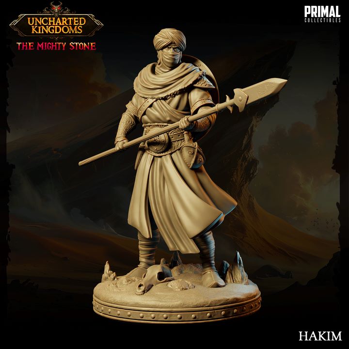 3D-printed Hakim miniature, depicting a warrior in desert garb holding a spear, perfect for TTRPGs like Dungeons and Dragons and Pathfinder.