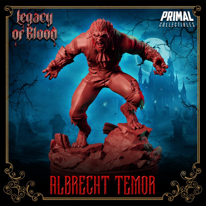 Front angle view of Albrecht Temor lunging forward with claws bared and fangs exposed, posed on rocky grave terrain.