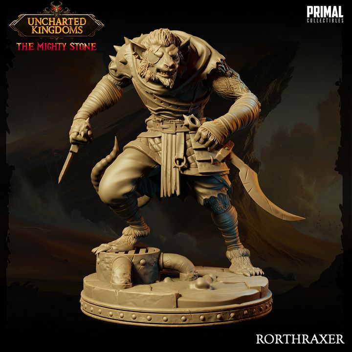 Rorthaxer, a wererat miniature, viewed from the back, showcasing his muscular build, detailed armor, long tail, and dual blades, standing on a circular base with sculpted details.