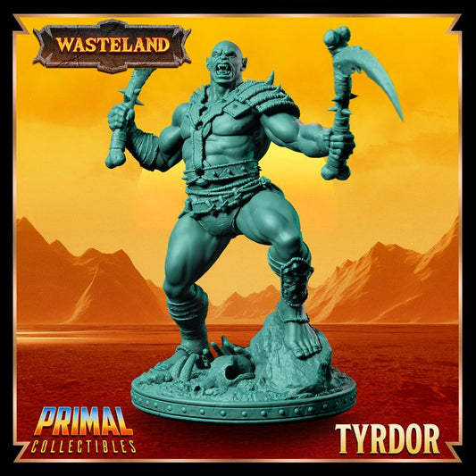 Full-figure of Tyrdor, wielding dual scythes, standing on a rocky base.