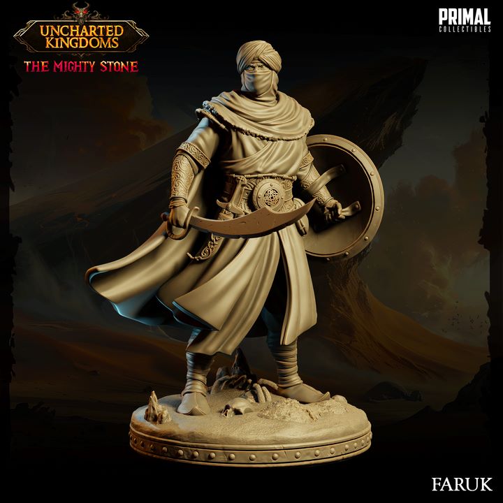 3D-printed Faruk miniature, featuring a warrior in desert attire wielding a curved sword and shield, designed for TTRPGs like Dungeons and Dragons and Pathfinder.