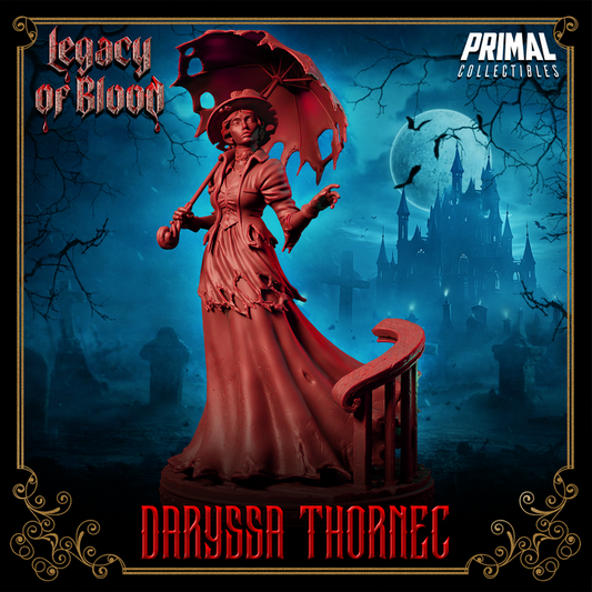 Daryssa Thornec spirit miniature holding a torn parasol, long tattered dress flowing as she stands by a stair railing, gothic ghost model for DnD and Pathfinder.