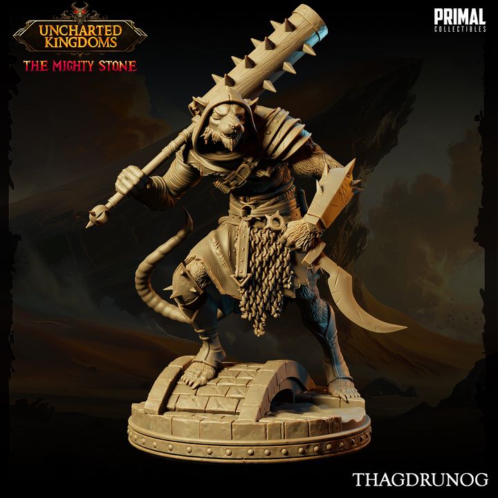 Thagdrunog, a wererat miniature, posed menacingly with a large spiked club and dagger, dressed in rugged armor with chainmail details, standing on a stone base.