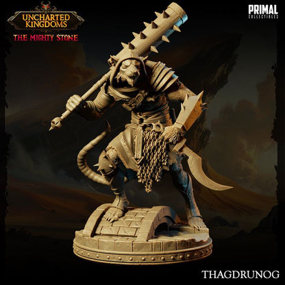 Thagdrunog, a wererat miniature, posed menacingly with a large spiked club and dagger, dressed in rugged armor with chainmail details, standing on a stone base.