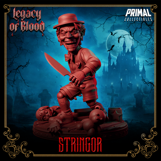 Stringor horror doll monster miniature holding a knife, posed on a base with broken toys and eerie details, wearing unsettling children’s clothing.