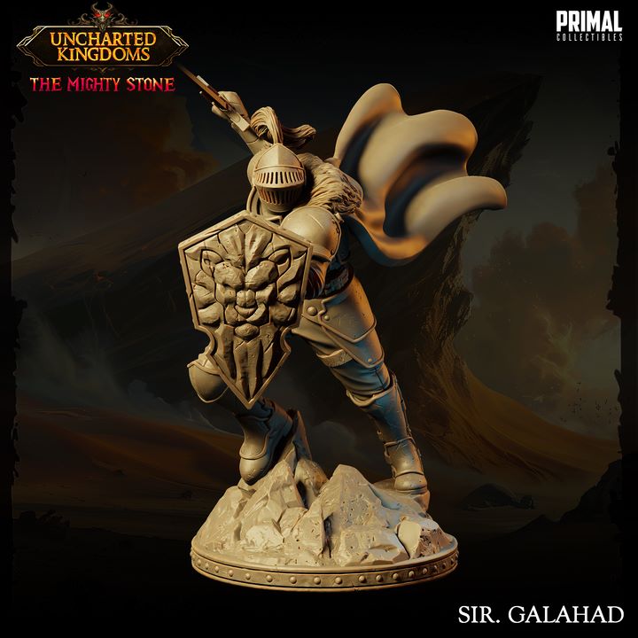 Sir Galahad, the knight, holding his shield and sword, clad in full plate armor, standing on a rocky base.