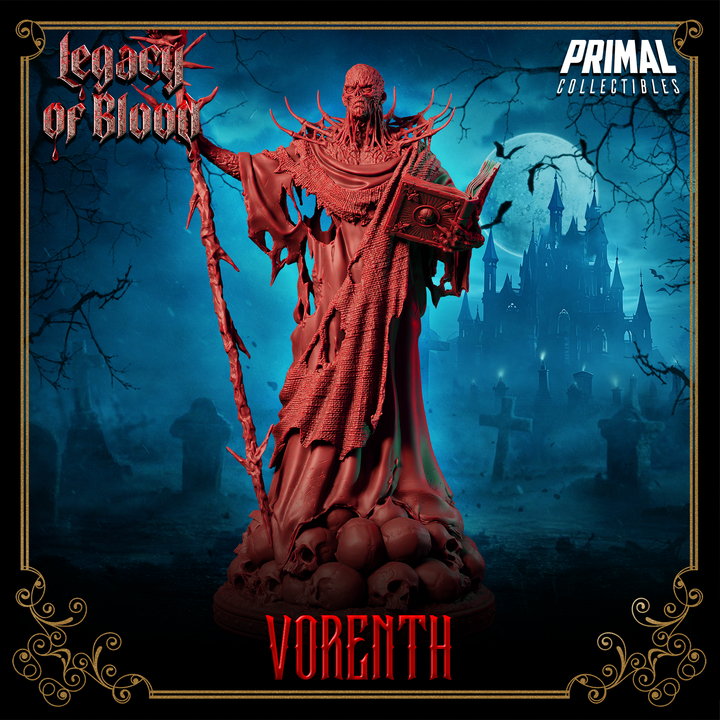Skeletal necromancer miniature with spiked crown, tattered robes, staff, and arcane tome, standing atop skull pile, gothic backdrop.