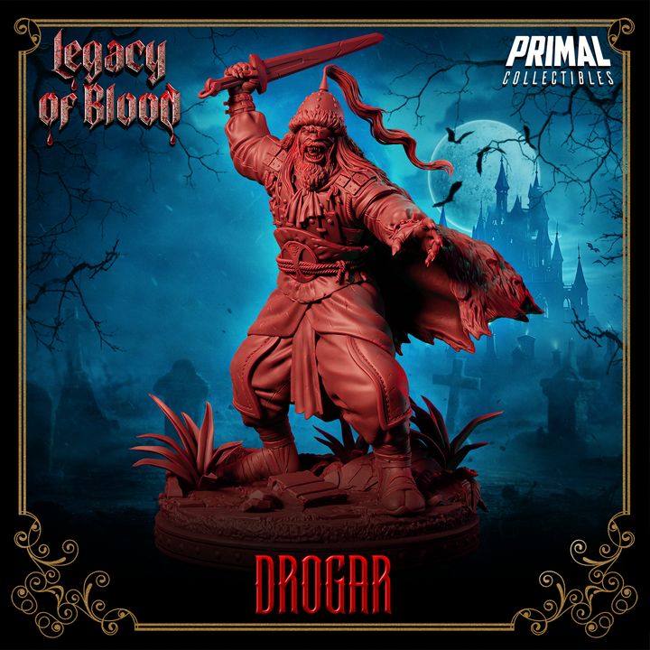 Drogar vampire barbarian miniature raising sword with fur cloak flowing, front view