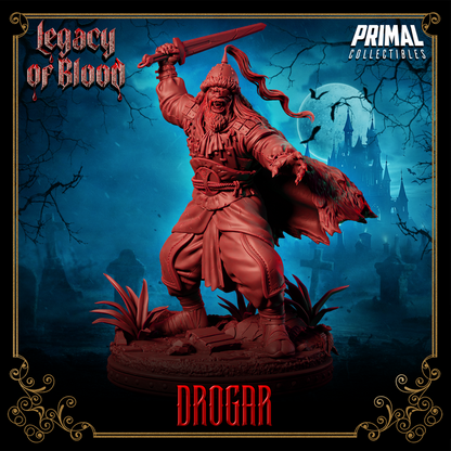 Drogar vampire barbarian miniature raising sword with fur cloak flowing, front view