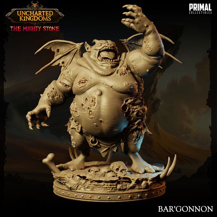 Bar'Gonnon, a Paeliryon devil miniature, depicted with bat-like wings, a bloated body covered in torn flesh, and a menacing expression, standing on a base adorned with skulls and bones.