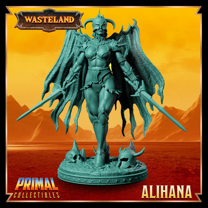 Full-figure view of Alihana, a winged warrior in ornate armor with bat-like cloak, dual blades, and a horned helmet, standing on a base adorned with skulls.